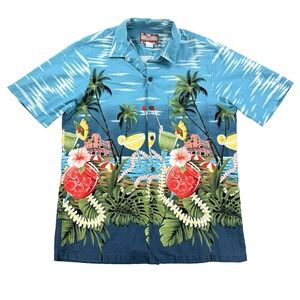 VTG Mens RJC Hawaiian Shirt Cocktails Tropical Blue Short Sleeve Hawaii Sz L